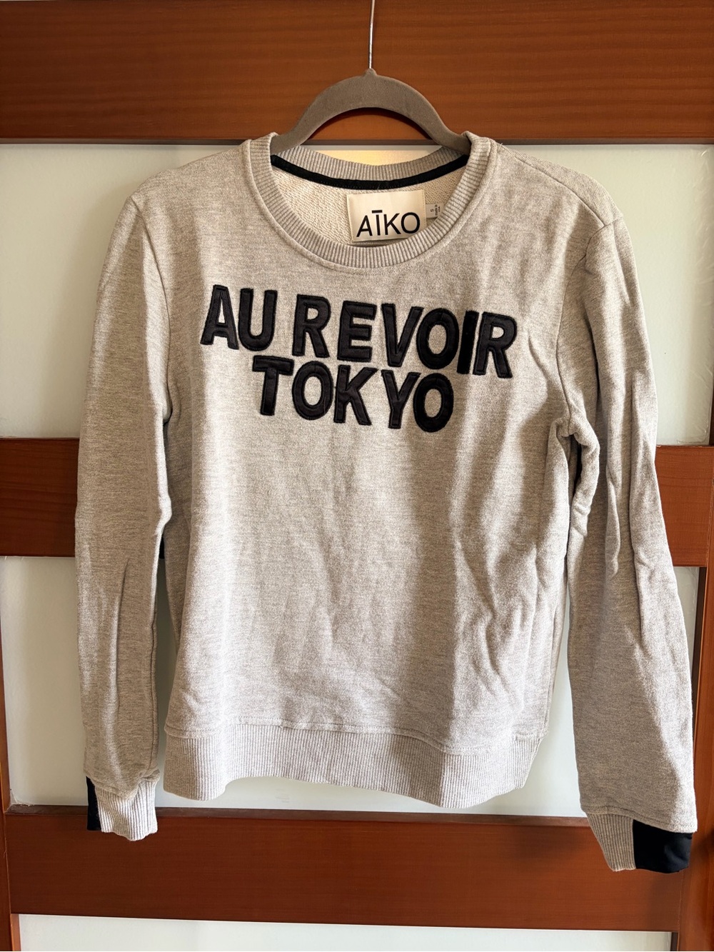 Aiko Gray Crewneck Sweatshirt with Black 'AU REVOIR TOKYO' Applique Size Small